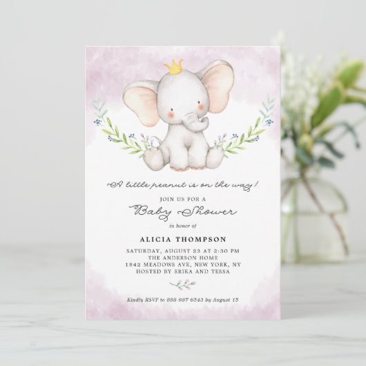 かわいい水彩ベビーゾウ女の子ベビーシャワー 招待状 (スタンド正面)