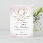 かわいい水彩ベビーゾウ女児ファースト誕生日 招待状 (スタンド正面)