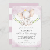 かわいい水彩ベビーゾウ女児ファースト誕生日 招待状 (正面/裏面)