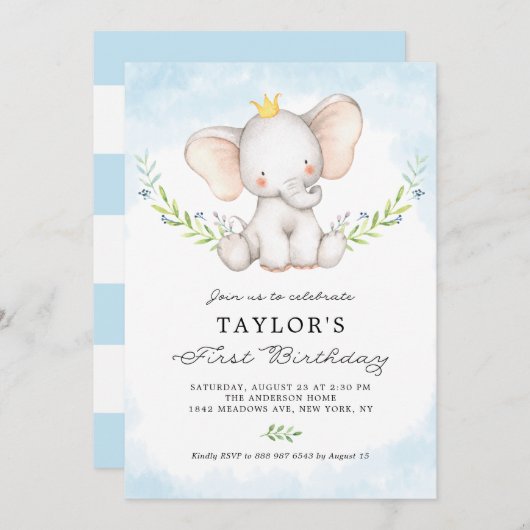 かわいい水彩ベビーゾウ少年ファースト誕生日 招待状 (正面/裏面)