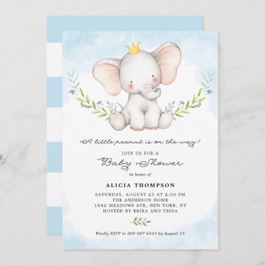 かわいい水彩ベビーゾウ男の子ベイビーシャワー 招待状 (正面/裏面)