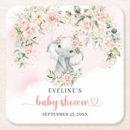 かわいい水彩ベビーゾウ赤面と金ゴールド スクエアペーパーコースター