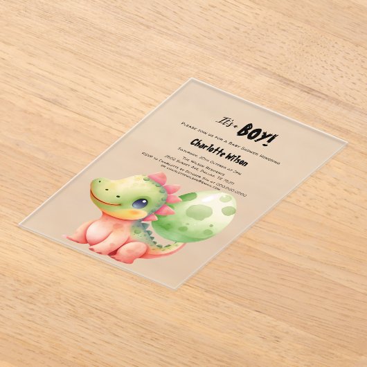 かわいい水彩ベビー恐竜の赤ちゃんシャワー アクリル招待状 (レイダウン)