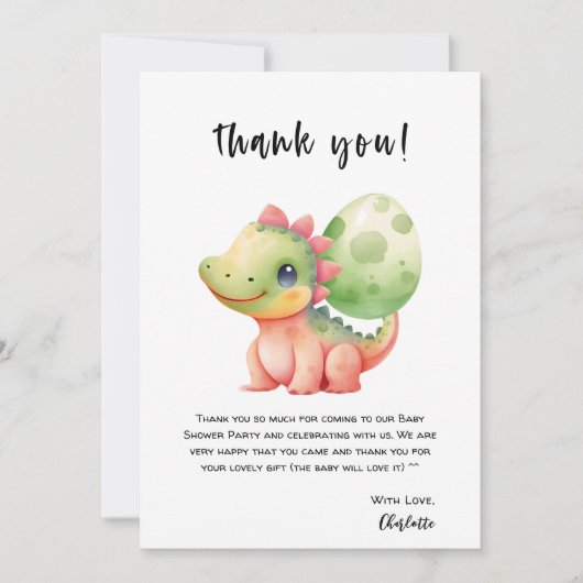 かわいい水彩ベビー恐竜の赤ちゃんシャワー サンキューカード (正面)