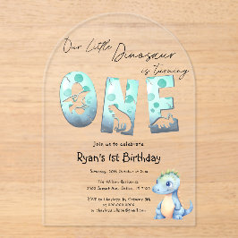 かわいい水彩ベビー恐竜1歳の誕生日 アクリル招待状