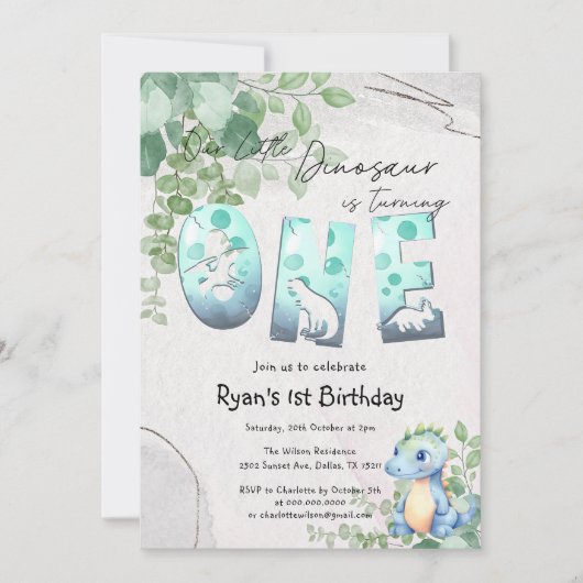 かわいい水彩ベビー恐竜1歳の誕生日 招待状 (正面)