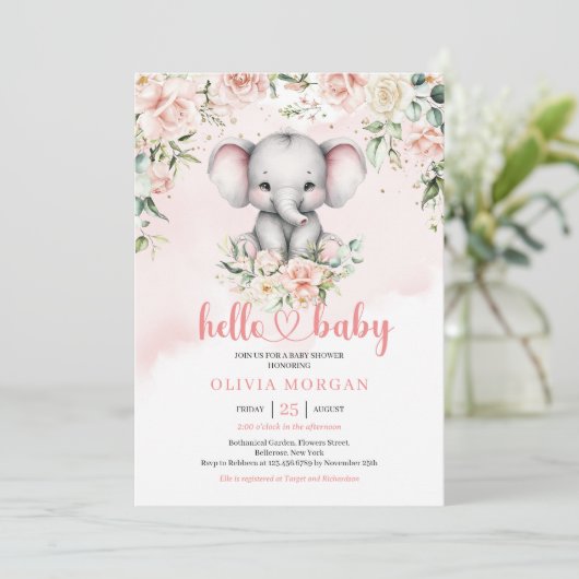 かわいい水彩ベビー象赤面フローラサファリ 招待状 (スタンド正面)