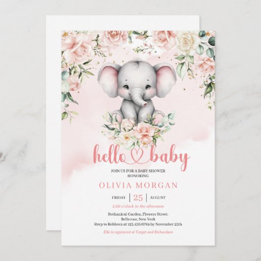 かわいい水彩ベビー象赤面フローラサファリ 招待状 (正面/裏面)
