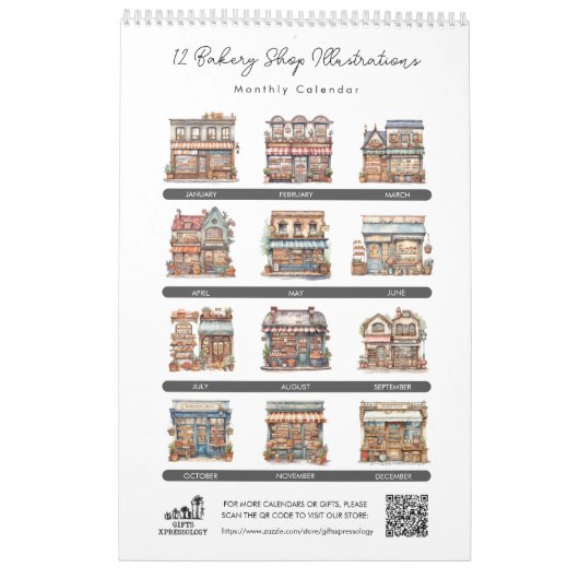 かわいい水彩ベーカリーショップペストリーショップ月次 カレンダー (裏面)