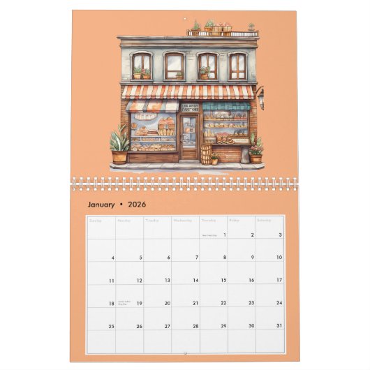 かわいい水彩ベーカリーショップペストリーショップ月次 カレンダー (1月 2026)
