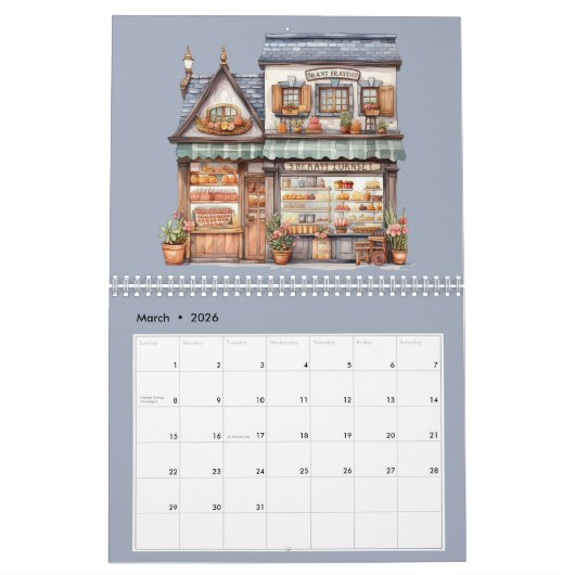 かわいい水彩ベーカリーショップペストリーショップ月次 カレンダー (3月 2026)