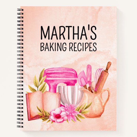 かわいい水彩ベーキングフローラパーソナライズされた名 ノートブック (正面)
