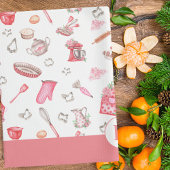 かわいい水彩ベーキング模様ピンクモノグラム キッチンタオル