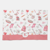 かわいい水彩ベーキング模様ピンクモノグラム キッチンタオル (横)