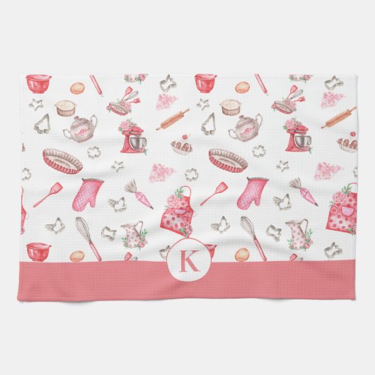 かわいい水彩ベーキング模様ピンクモノグラム キッチンタオル (横)