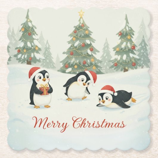かわいい水彩ペンギンのクリスマス森 ペーパーコースター (正面)