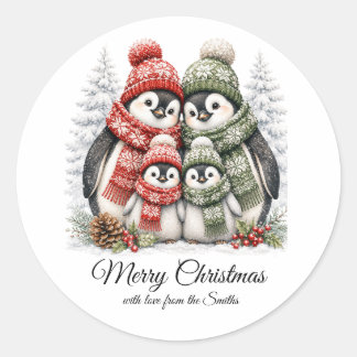 かわいい水彩ペンギンの家族のカスタムクリスマス ラウンドシール