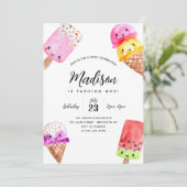 かわいい水彩ポプシクルコーンアイスクリーム誕生日 招待状 (スタンド正面)