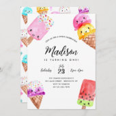 かわいい水彩ポプシクルコーンアイスクリーム誕生日 招待状 (正面/裏面)