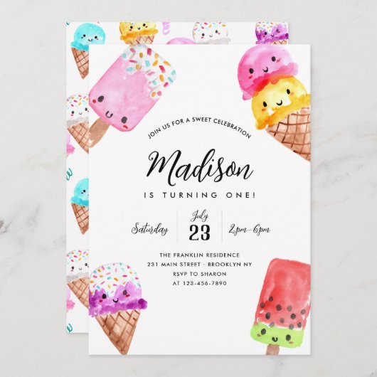 かわいい水彩ポプシクルコーンアイスクリーム誕生日 招待状 (正面/裏面)