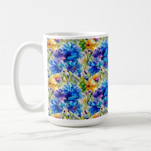 かわいい水彩マグカップ 青い花のアート コーヒーマグカップ (左)