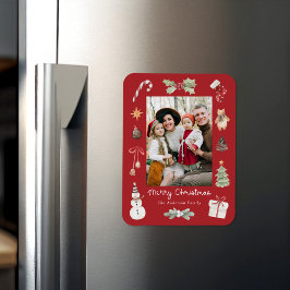 かわいい水彩メリークリスマス 赤 家族 写真 マグネット