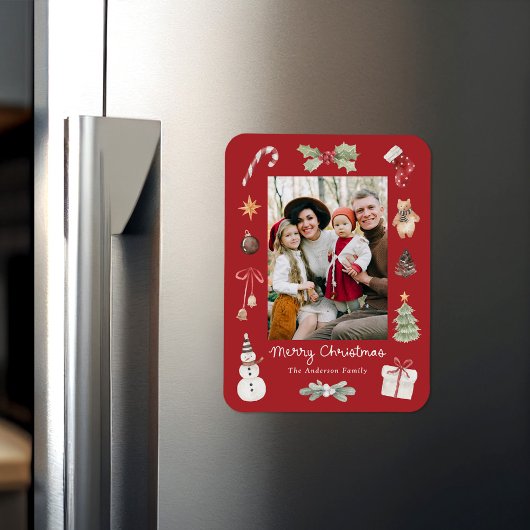 かわいい水彩メリークリスマス 赤 家族 写真 マグネット