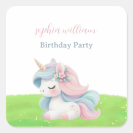 かわいい水彩ユニコーンの誕生日パーティー スクエアシール