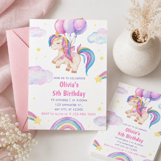 かわいい水彩ユニコーンの誕生日 招待状