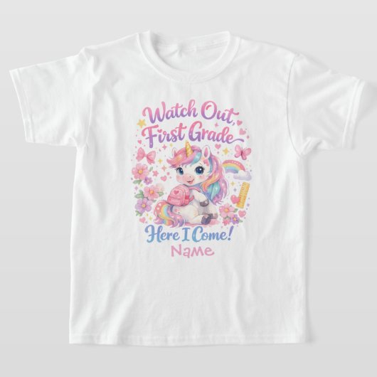 かわいい水彩ユニコーン パステル色のバックトゥスクール Tシャツ (レイダウン)