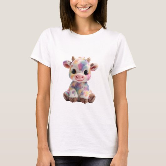 かわいい水彩レインボーまだら模様の子牛 女性 Tシャツ (正面)
