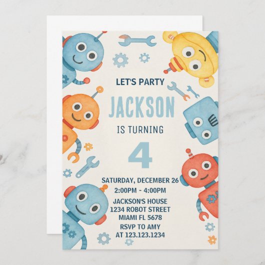 かわいい水彩ロボット子供の誕生日招待状 招待状 (正面/裏面)