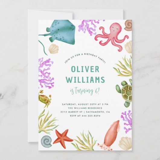 かわいい水彩下ザシーカラー海子供の誕生日 招待状 (正面)