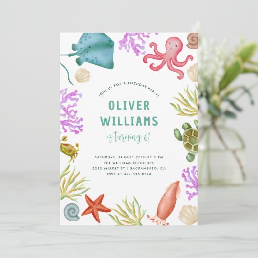 かわいい水彩下ザシーカラー海子供の誕生日 招待状 (スタンド正面)