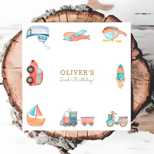 かわいい水彩交通少年バースデーパーティー スタンダードカクテルナプキン