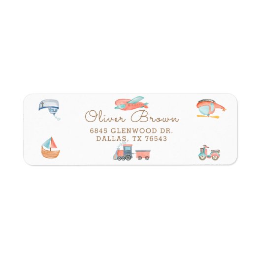 かわいい水彩交通少年バースデーパーティー ラベル (正面)