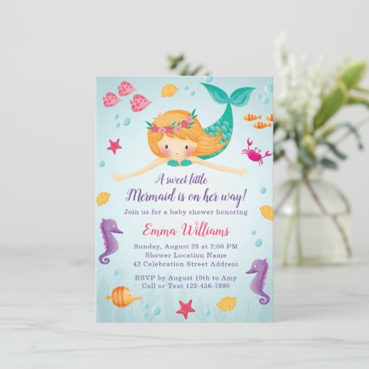 かわいい水彩人魚の女の子ベビーシャワー 招待状 (スタンド正面)