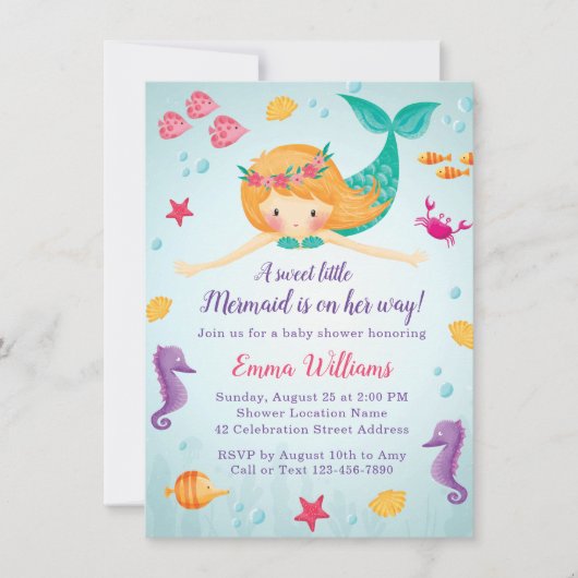 かわいい水彩人魚の女の子ベビーシャワー 招待状 (正面)