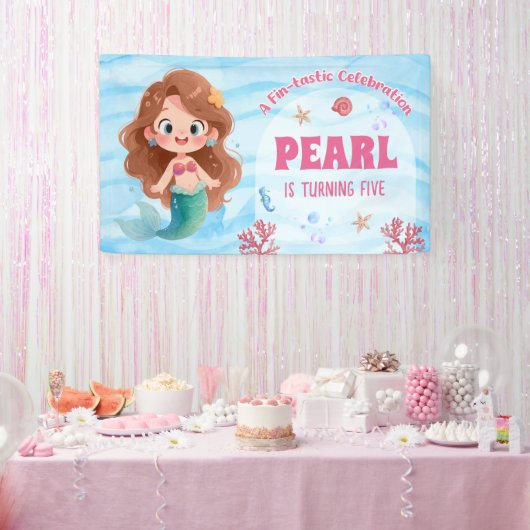 かわいい水彩人魚の海の中の誕生日 横断幕 (パーティー)