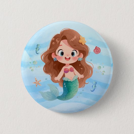 かわいい水彩人魚の海底アートちびキャラ 缶バッジ (正面)