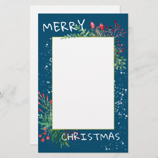 かわいい水彩冬の緑の青いクリスマス 便箋 (正面/裏面)