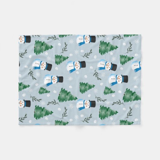 かわいい水彩冬の雪模様 フリースブランケット (正面(横))