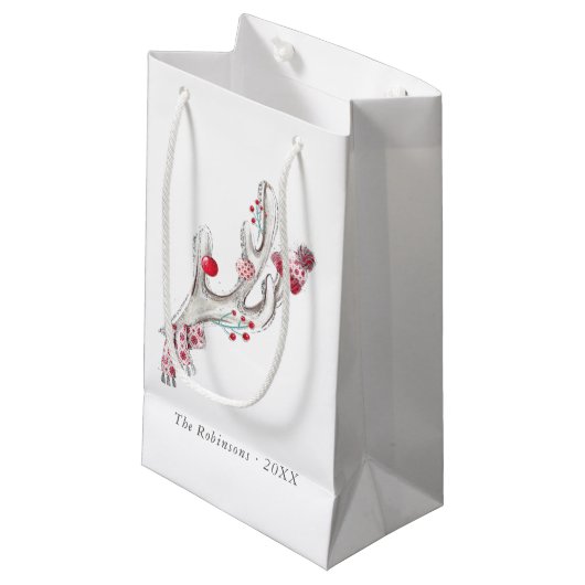 かわいい水彩冬の鹿の〔雄ジカの〕枝角クリスマス スモールペーパーバッグ (正面アングル)