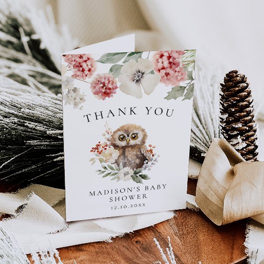 かわいい水彩冬フクロウ赤ちゃんシャワー サンキューカード