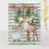 かわいい水彩冬ムースとヤギのホリデーカード カード (黄色い花)