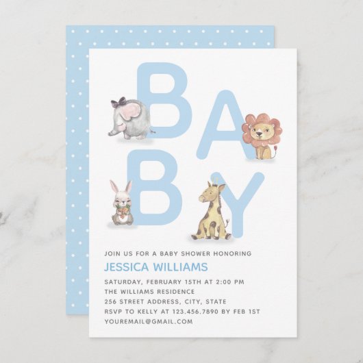かわいい水彩動物の青い少年の赤ちゃんシャワー 招待状 (正面/裏面)
