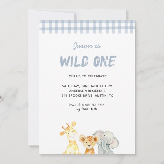 かわいい水彩動物ワイルドワンボーイ誕生日 招待状 (正面)