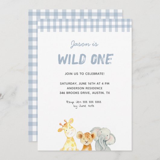 かわいい水彩動物ワイルドワンボーイ誕生日 招待状 (正面/裏面)