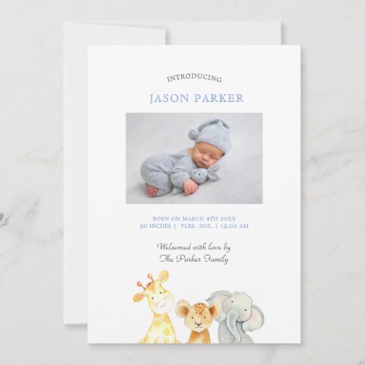 かわいい水彩動物男の赤ちゃん写真誕生 案内状 (正面)