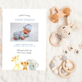 かわいい水彩動物男の赤ちゃん写真誕生 案内状